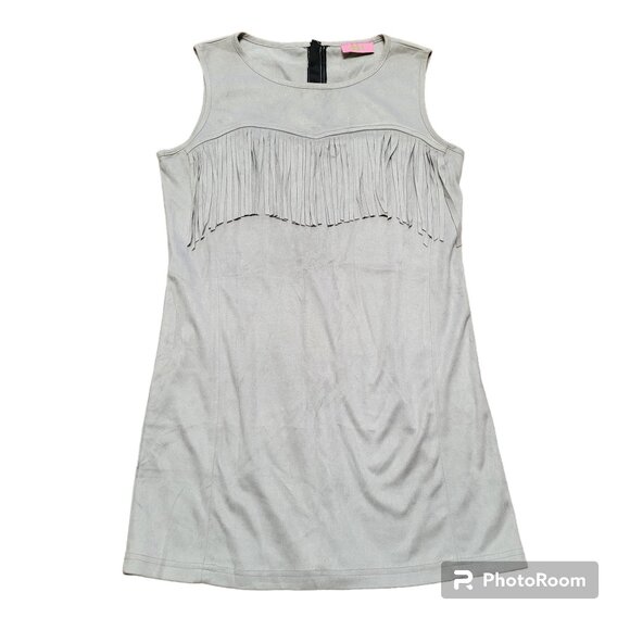Grey Mini Dress Chest Fringe Festival Sleeveless Exposed Zipper Boho Hippie - Picture 1 of 15
